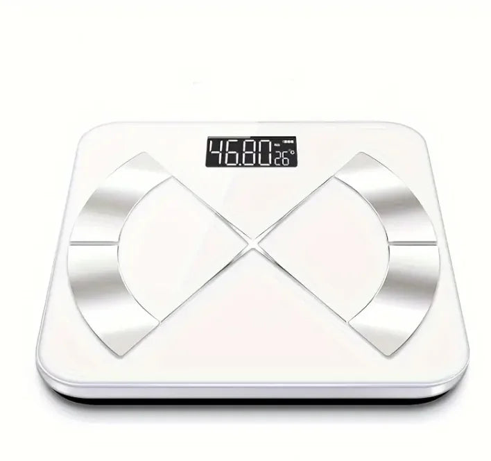 Digital body fat scale with a white base and clear lid on a white background