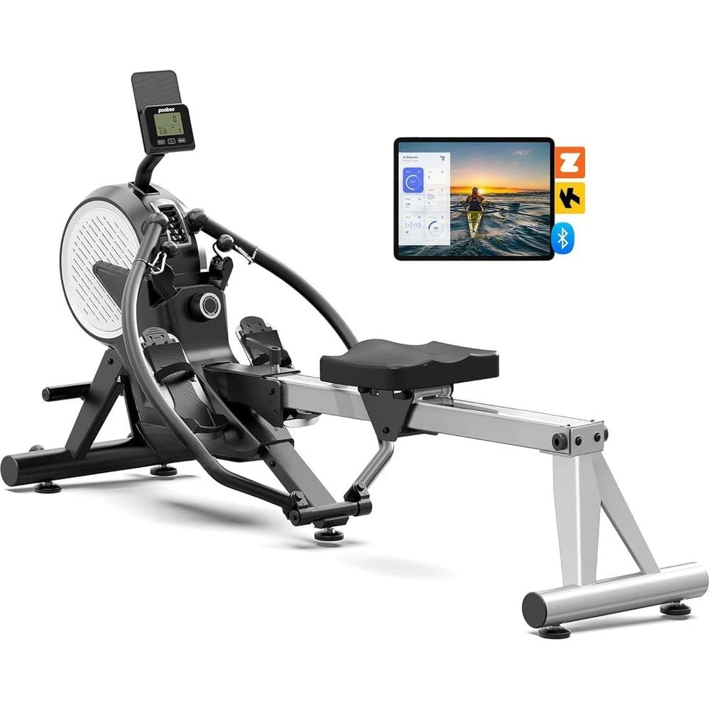 Rowing machine with digital display and screen showing workout app interface on a white background