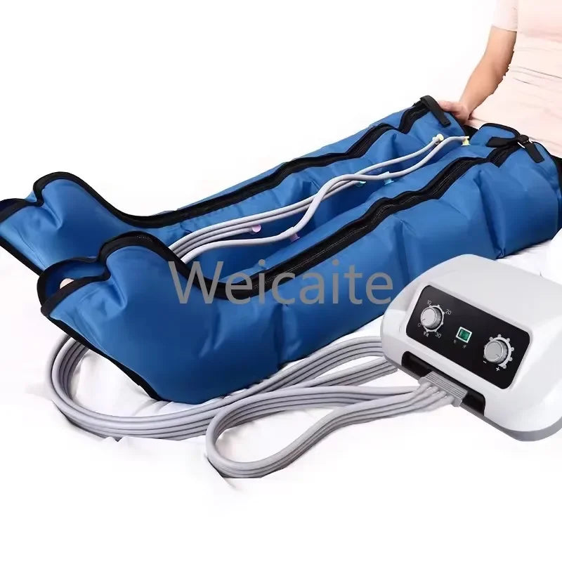 Blue inflatable bag with white cables and control panel on a white background, featuring the brand 'Weicaite'.