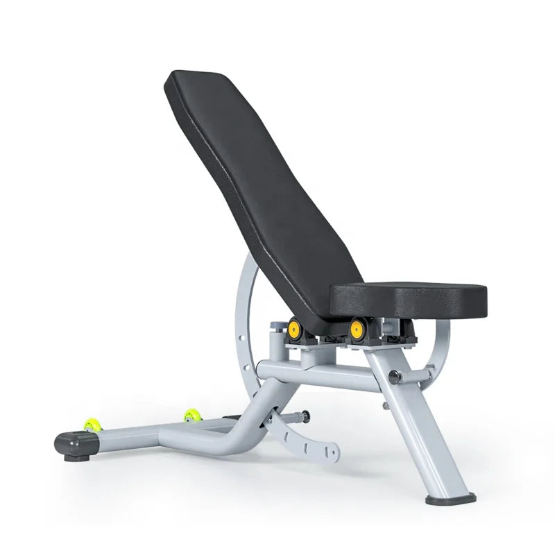 A multi-position adjustable weight bench with gray padding, black seat, and silver steel frame with yellow accents.