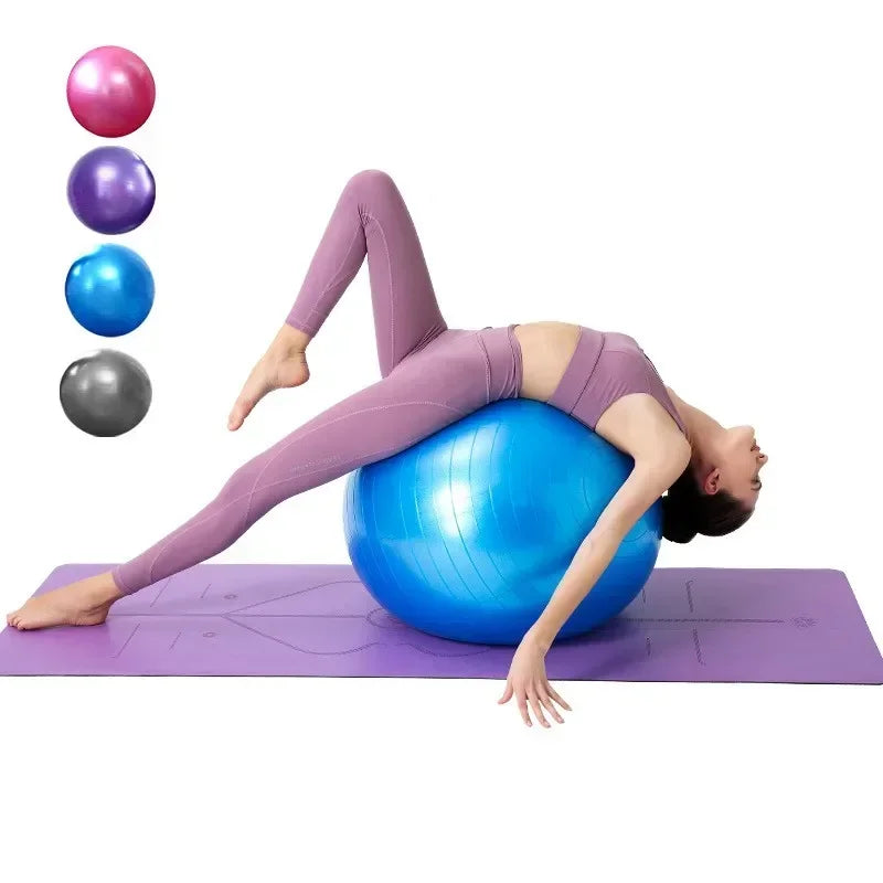 Person exercising on a blue exercise ball with additional balls of different colors displayed above.