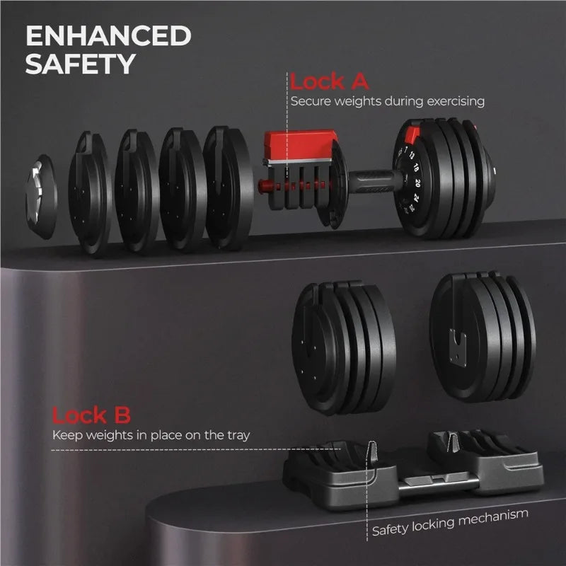 Dumbbell with safety locking mechanism labeled 'Lock A' and 'Lock B' on a dark background.