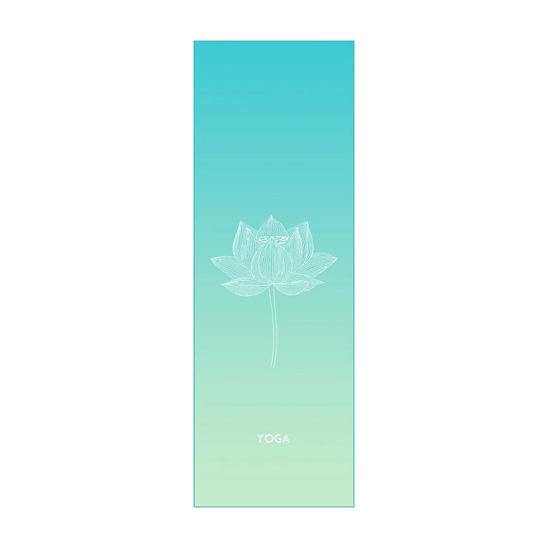 Yoga mat with lotus flower design and 'YOGA' text on a gradient blue to green background