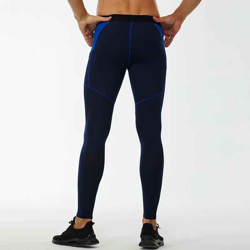 Ergonomic seam design on men’s compression tights for unrestricted movement during workouts.
