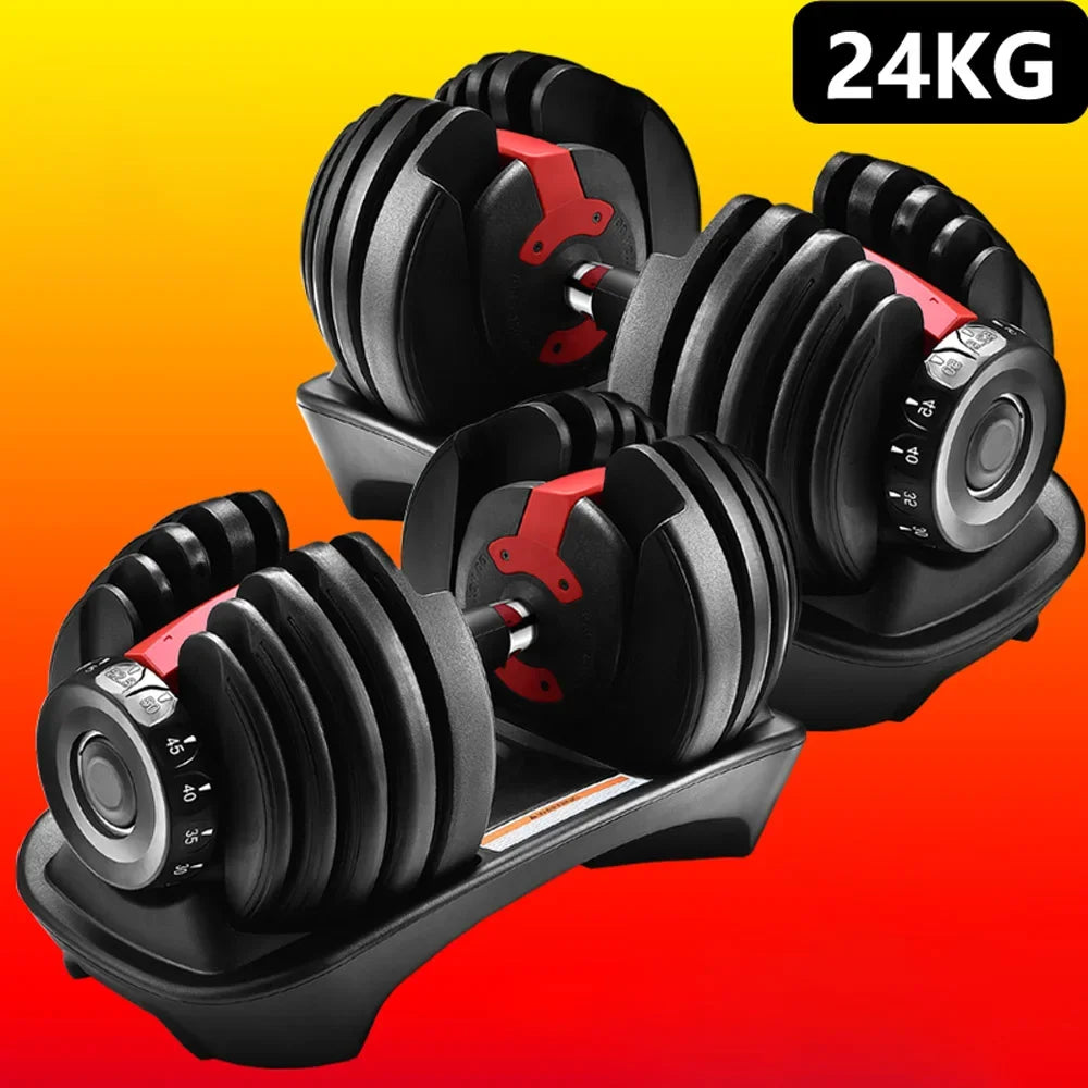 Pair of adjustable dumbbells with a weight indicator on a gradient background