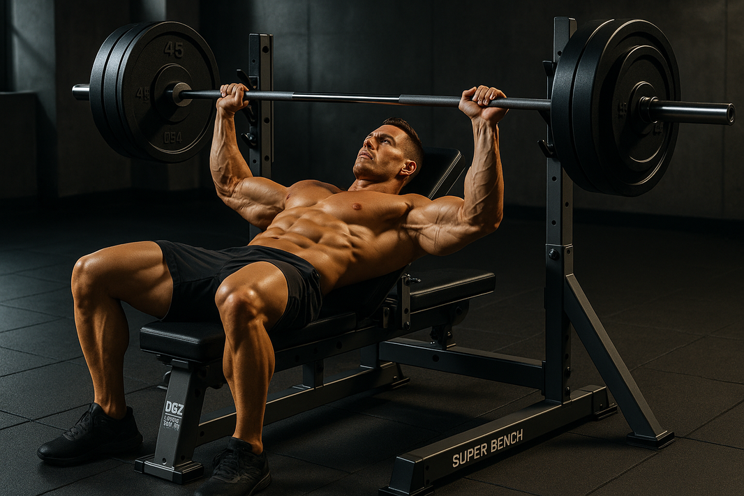 Model performing bench press with barbell with DGZ super bench