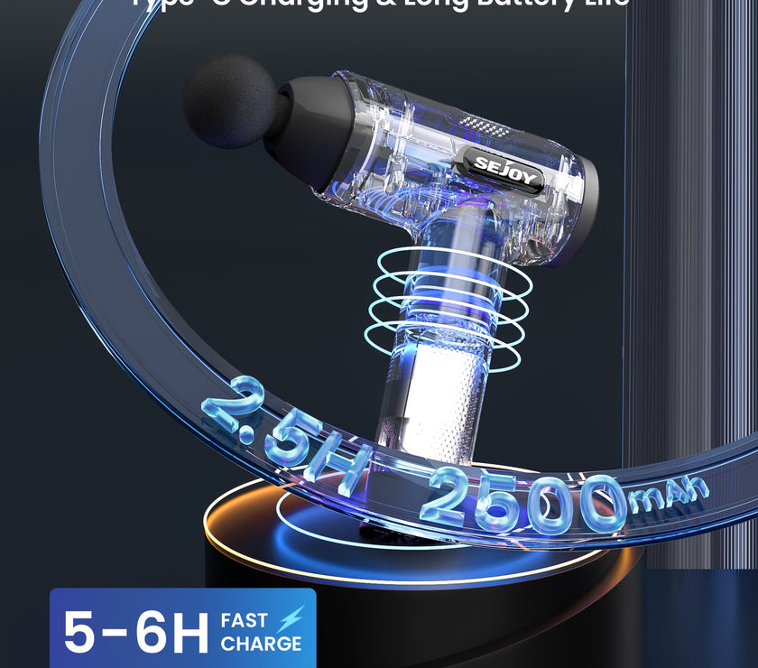 Clear electronic device with charging text and branding on a dark background