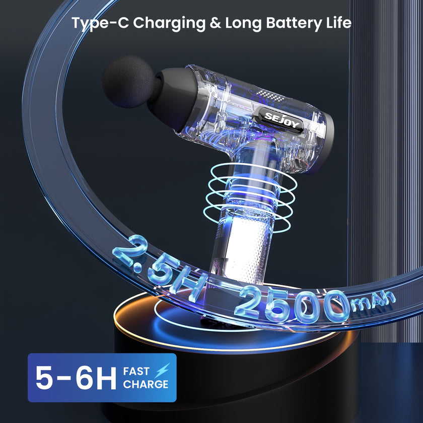 Clear electronic device with charging text and branding on a dark background