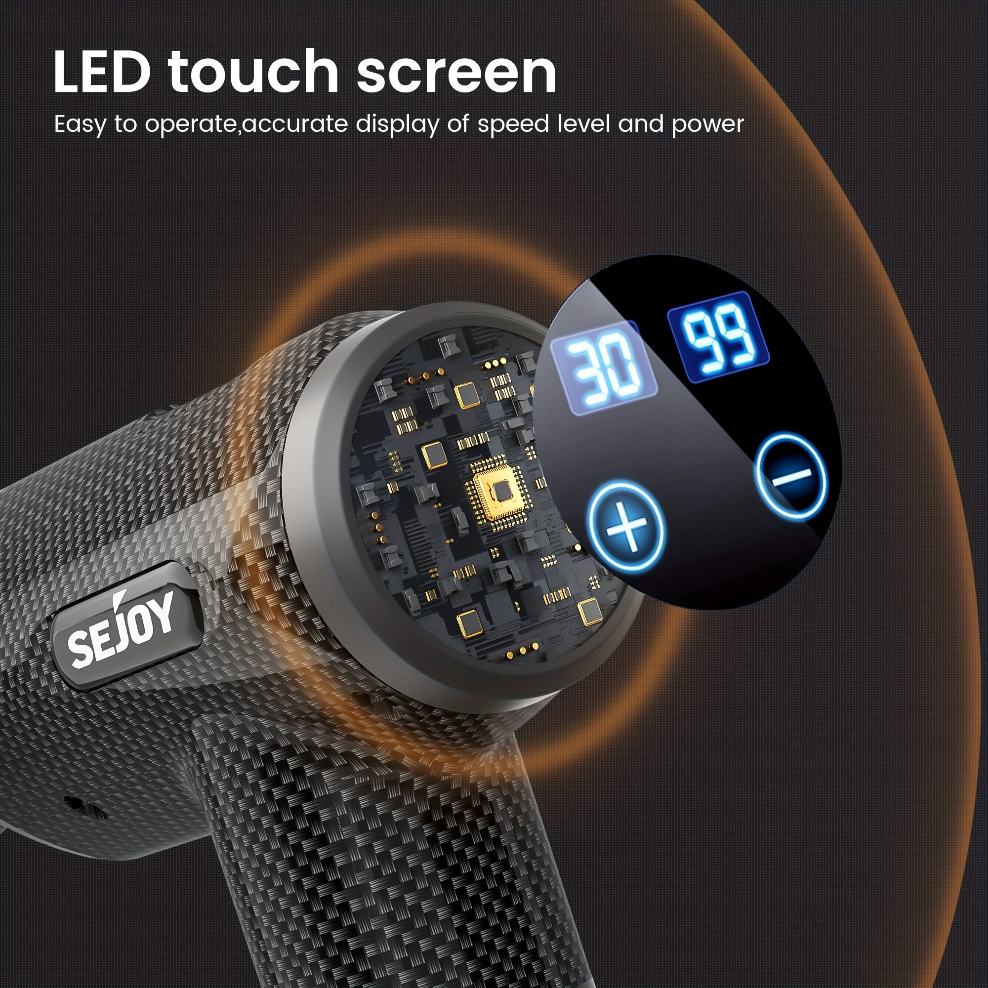 Handheld device with LED touch screen displaying speed level and power, featuring SEJOY branding.