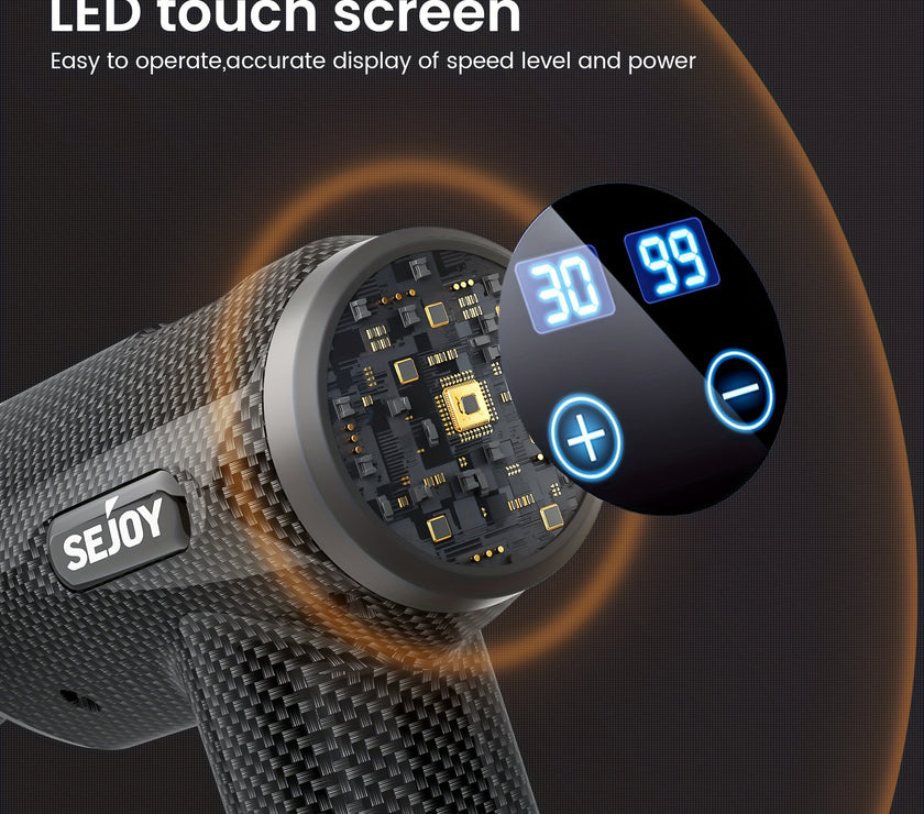 Handheld device with LED touch screen displaying speed level and power, featuring SEJOY branding.