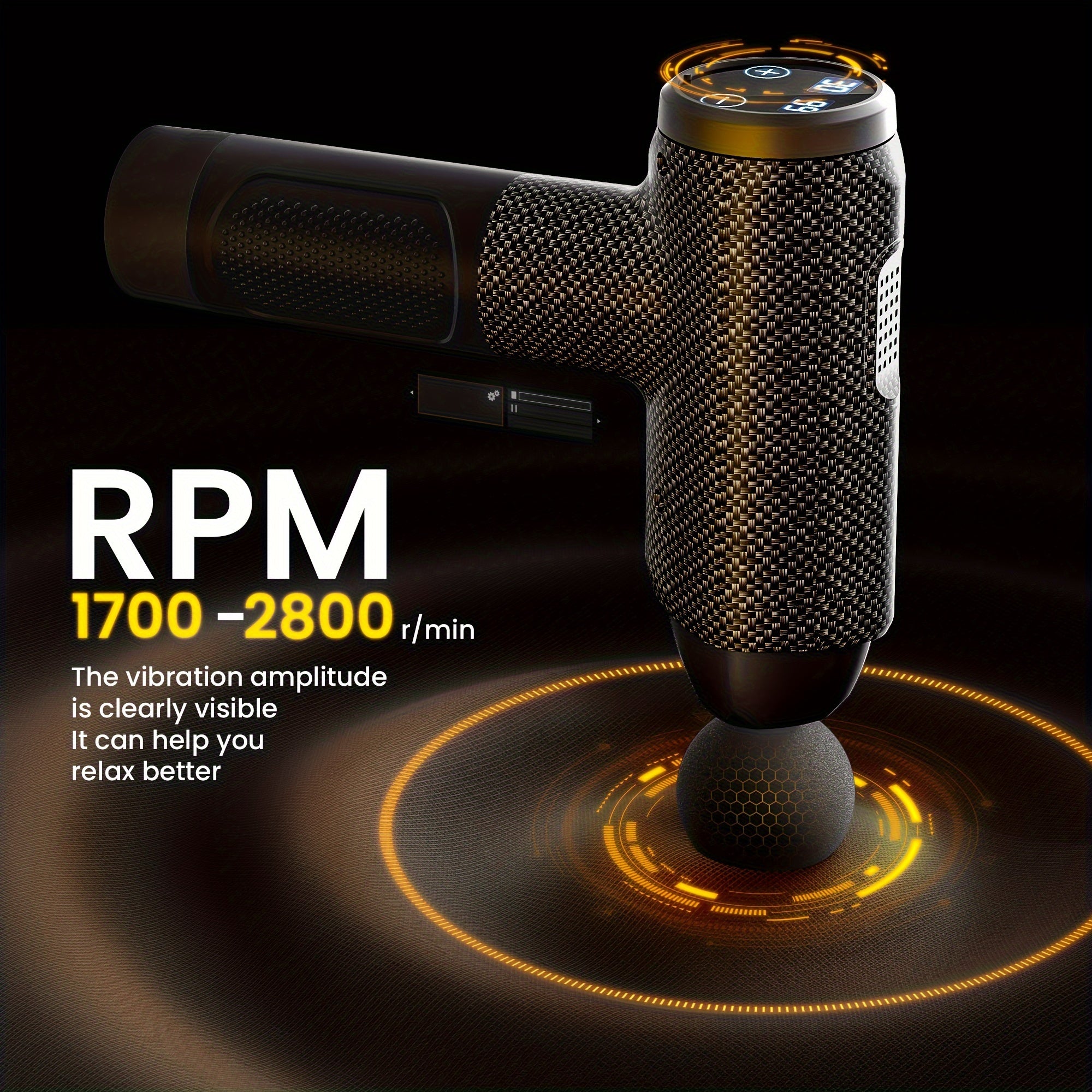 Massage gun with RPM display on a dark background