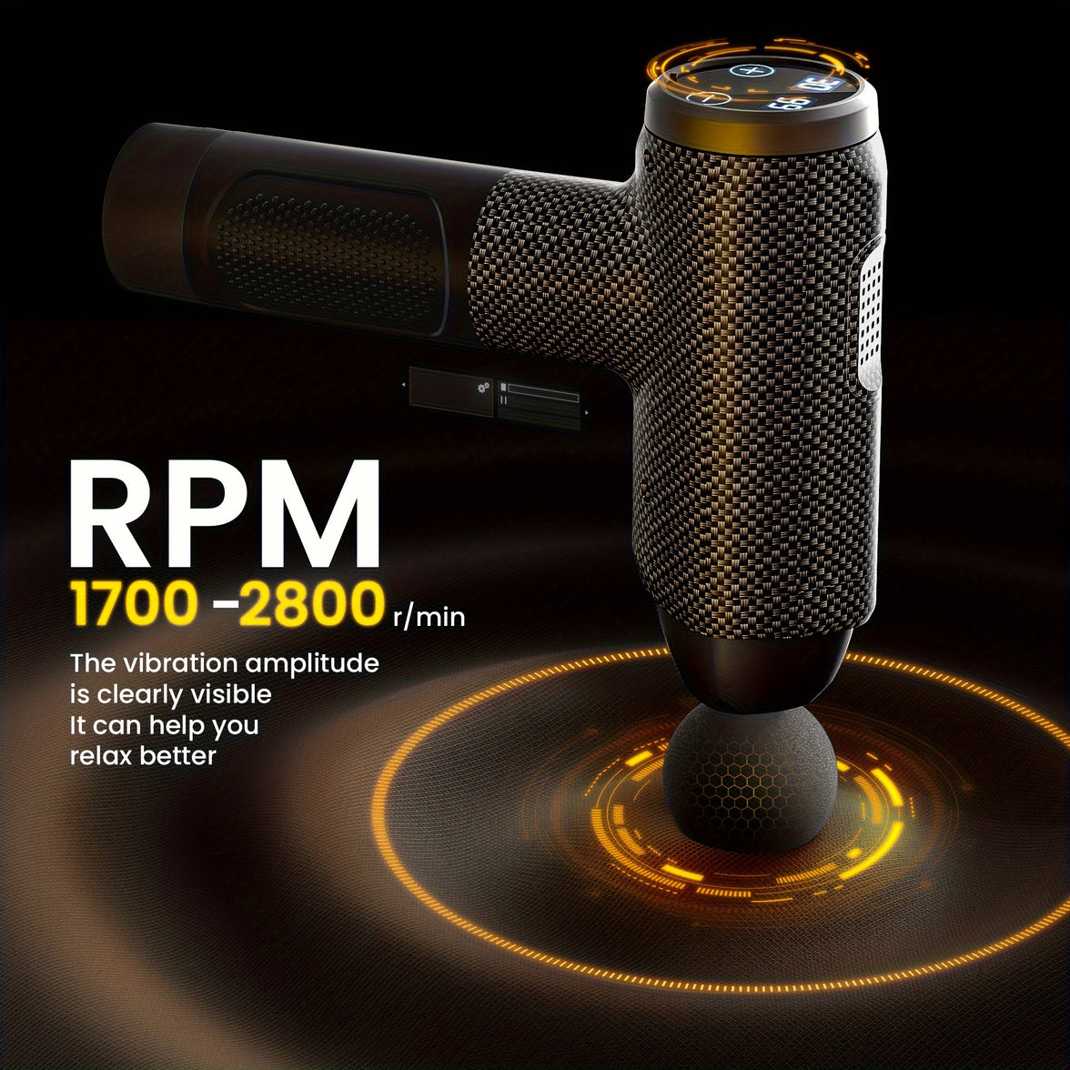 Massage gun with RPM display on a dark background