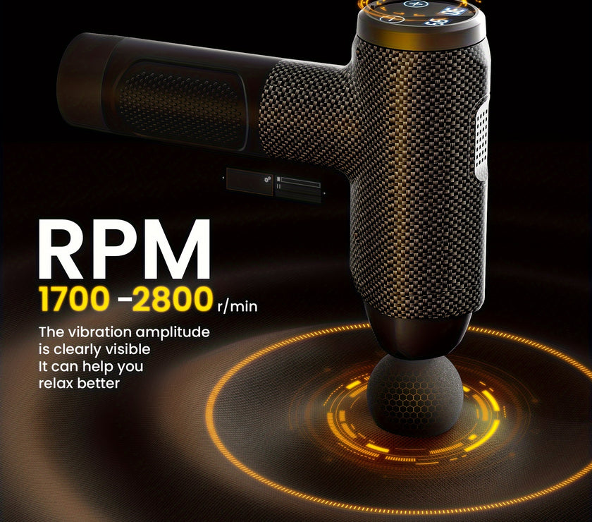 Massage gun with RPM display on a dark background