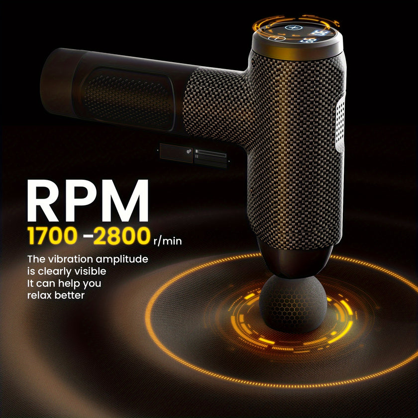 Massage gun with RPM display on a dark background