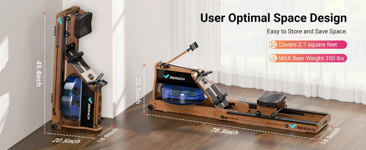 MERACH 950 Water Electromagnetic Rowing Machine – Foldable, LCD Display, Oak Wood Frame, Maximum 350 lbs Capacity