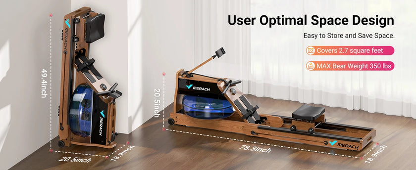 MERACH 950 Water Electromagnetic Rowing Machine – Foldable, LCD Display, Oak Wood Frame, Maximum 350 lbs Capacity