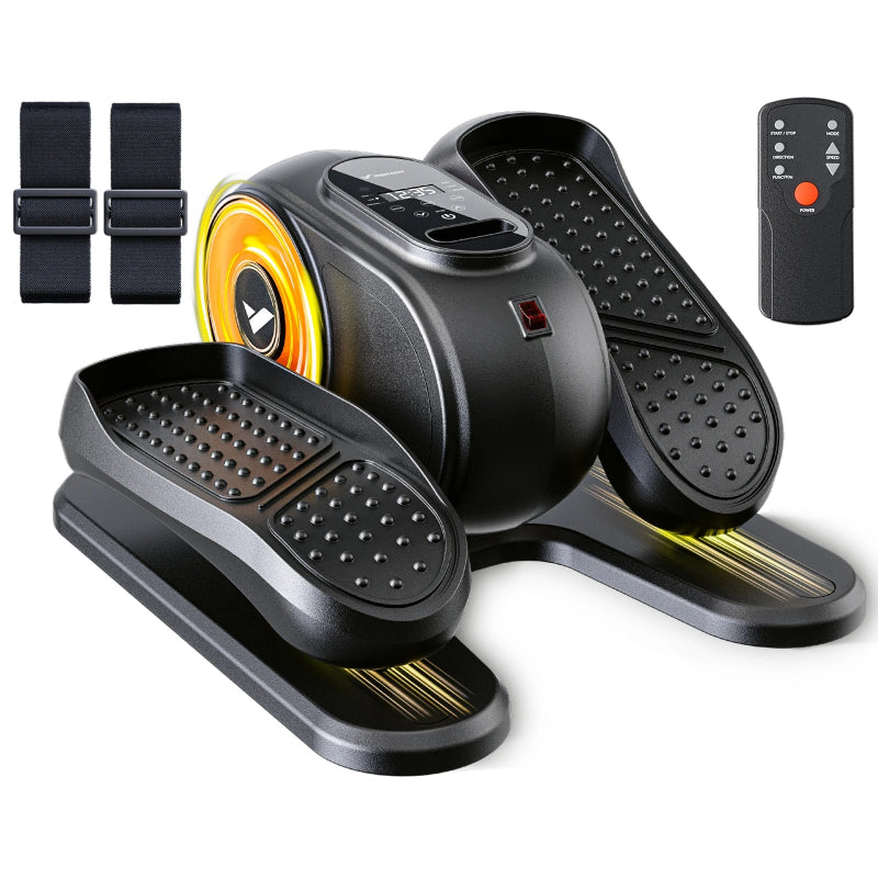 Black exercise踏板 with remote control and straps on a white background