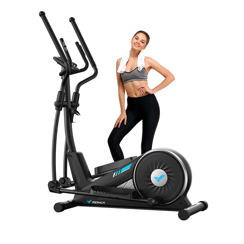 A woman standing next to a black MERACH elliptical machine with app integration icon, indicating the product is for home fitness.