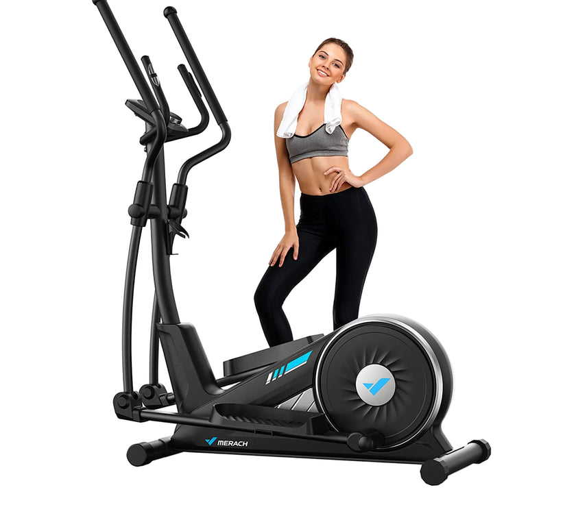 A woman standing next to a black MERACH elliptical machine with app integration icon, indicating the product is for home fitness.