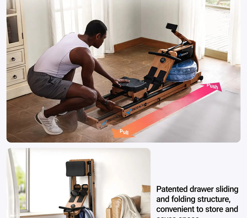 MERACH 950 Water Electromagnetic Rowing Machine – Foldable, LCD Display, Oak Wood Frame, Maximum 350 lbs Capacity