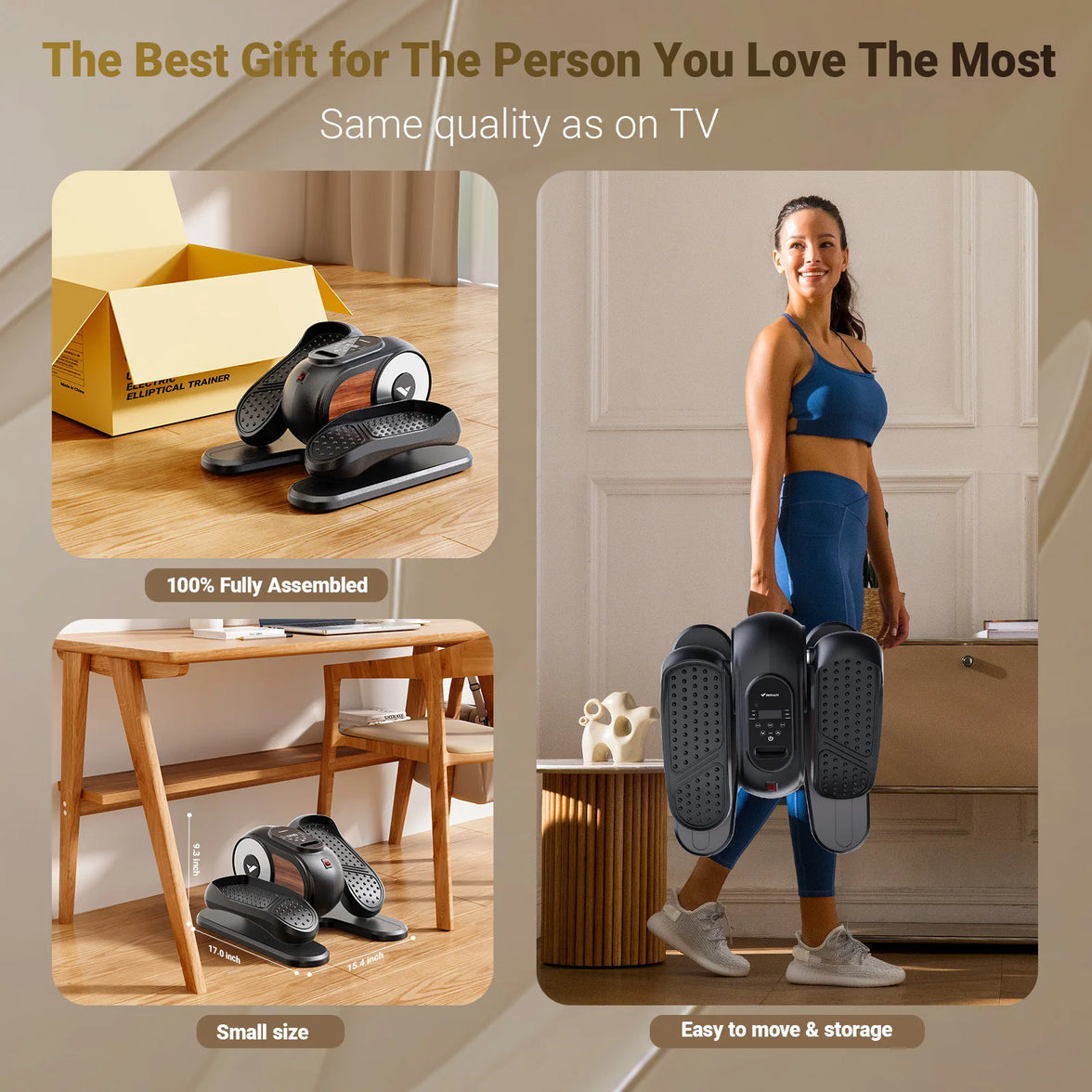 Product packaging and usage scenario with a woman wearing the product, on a neutral background.