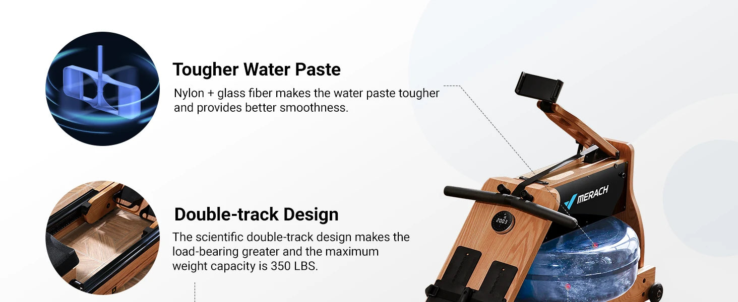 MERACH 950 Water Electromagnetic Rowing Machine – Foldable, LCD Display, Oak Wood Frame, Maximum 350 lbs Capacity