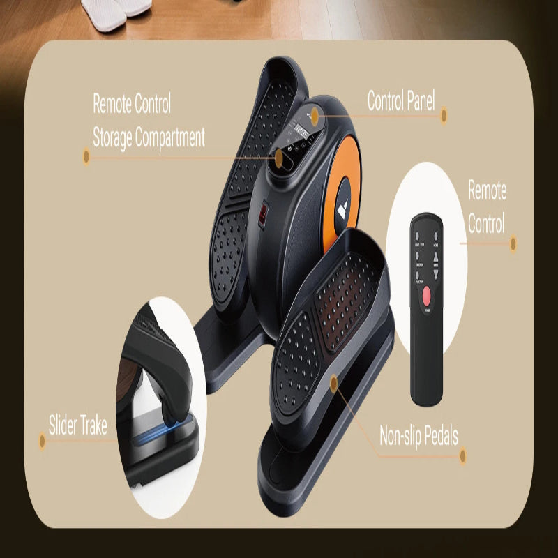 Black and orange exercise device with labeled parts on a beige background