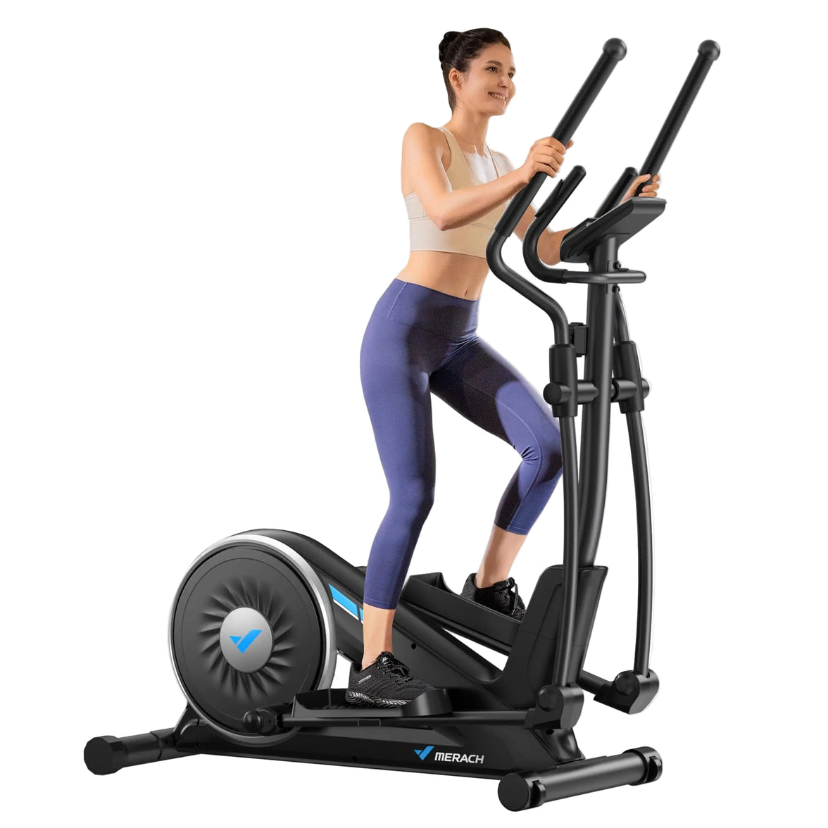 A woman standing next to a black MERACH elliptical machine with app integration icon, indicating the product is for home fitness.