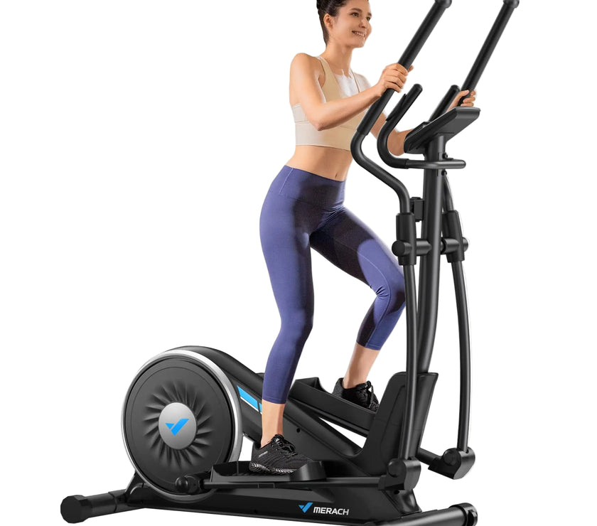 A woman standing next to a black MERACH elliptical machine with app integration icon, indicating the product is for home fitness.