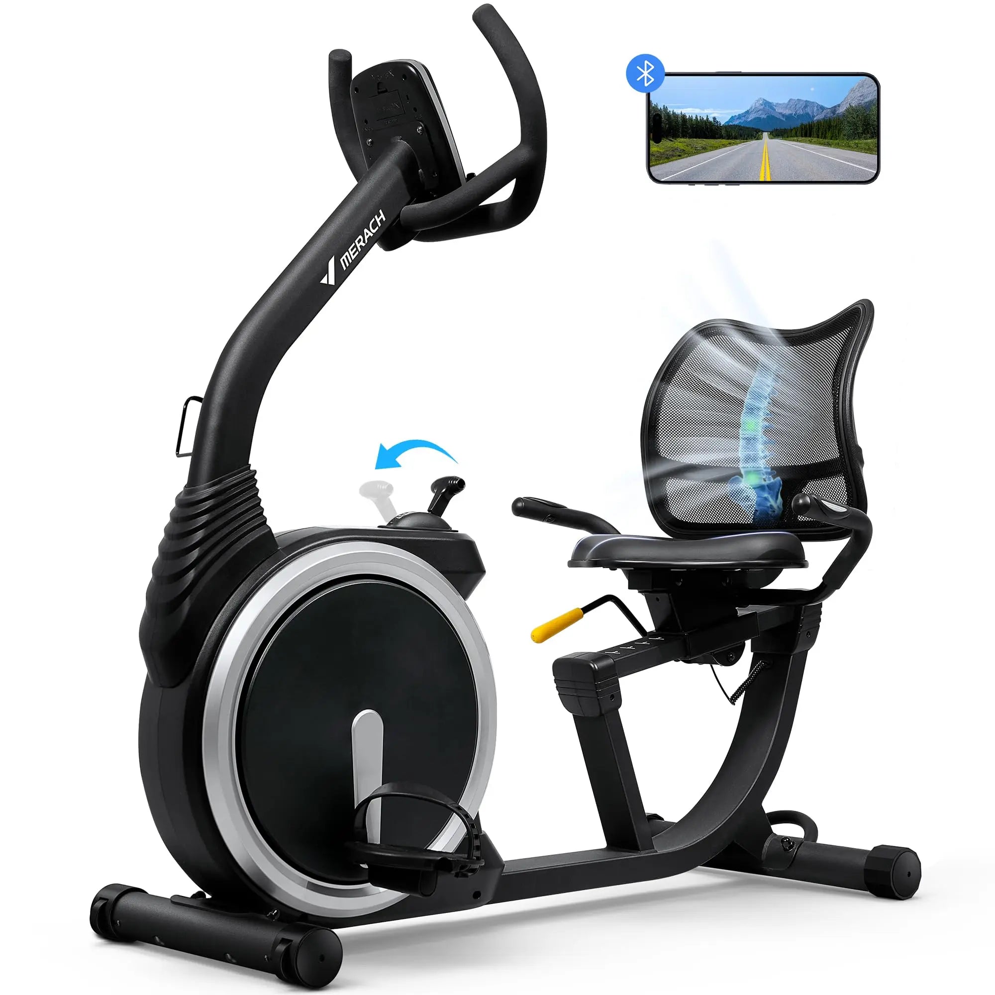 An image showing a recumbent exercise bike with a woman standing next to it. The bike is black with a comfortable seat, frosted handlebars, and a heart rate monitor.