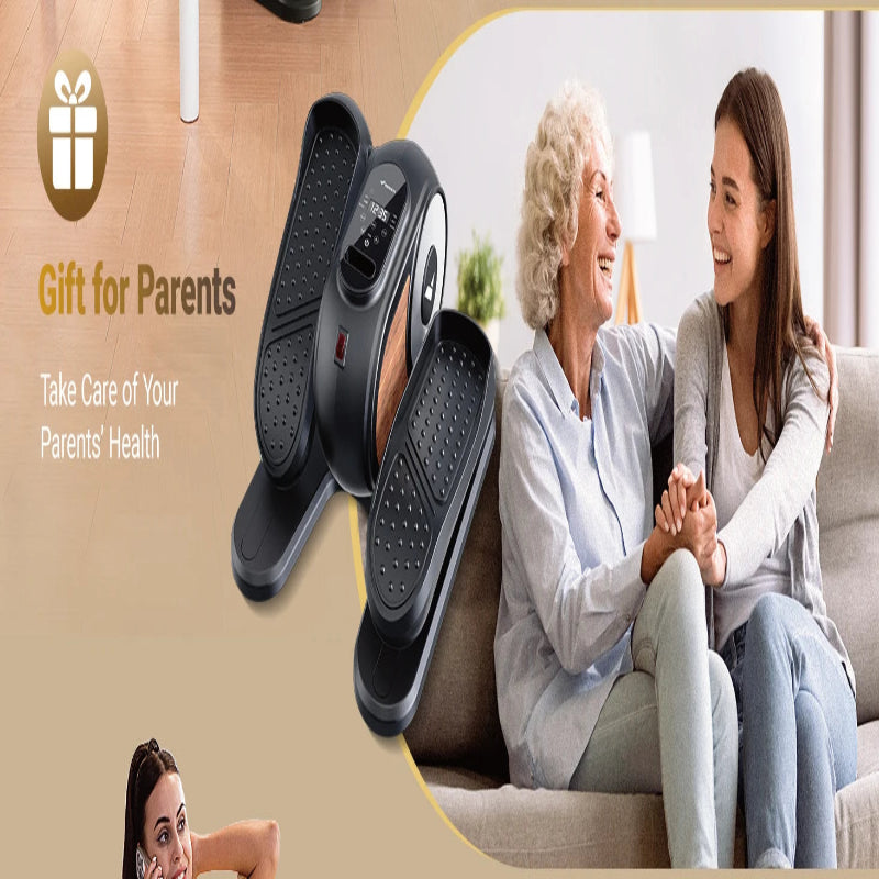 Black foot massager with two people sitting on a couch, text 'Gift for Parents' and 'Take Care of Your Parents' Health'.