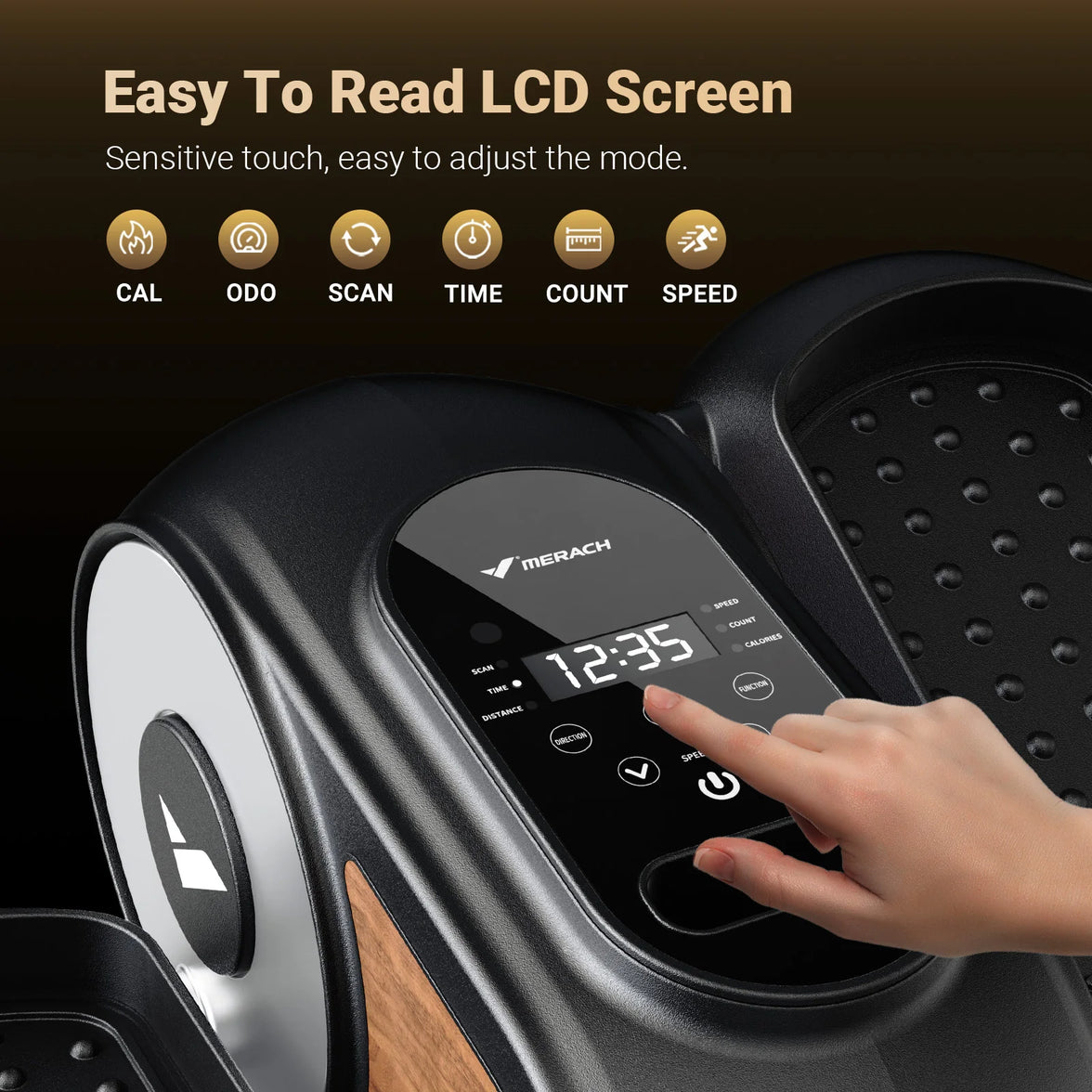 Digital display on a piece of exercise equipment with a hand interacting with it, featuring the Merach brand.