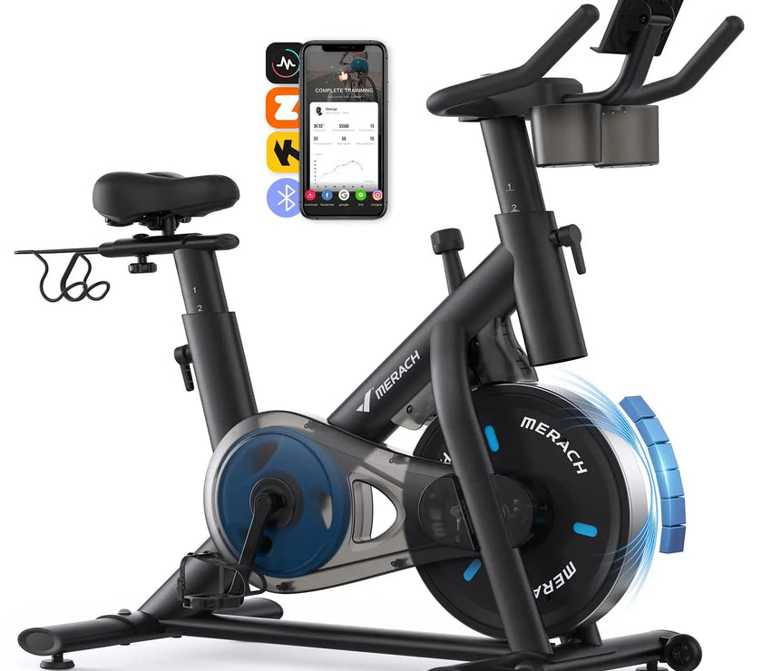 A woman is using a black Magnetic Resistance Exercise Bike with adjustable seat and resistance settings. The bike is placed in a home gym setup with Christmas decorations around it.