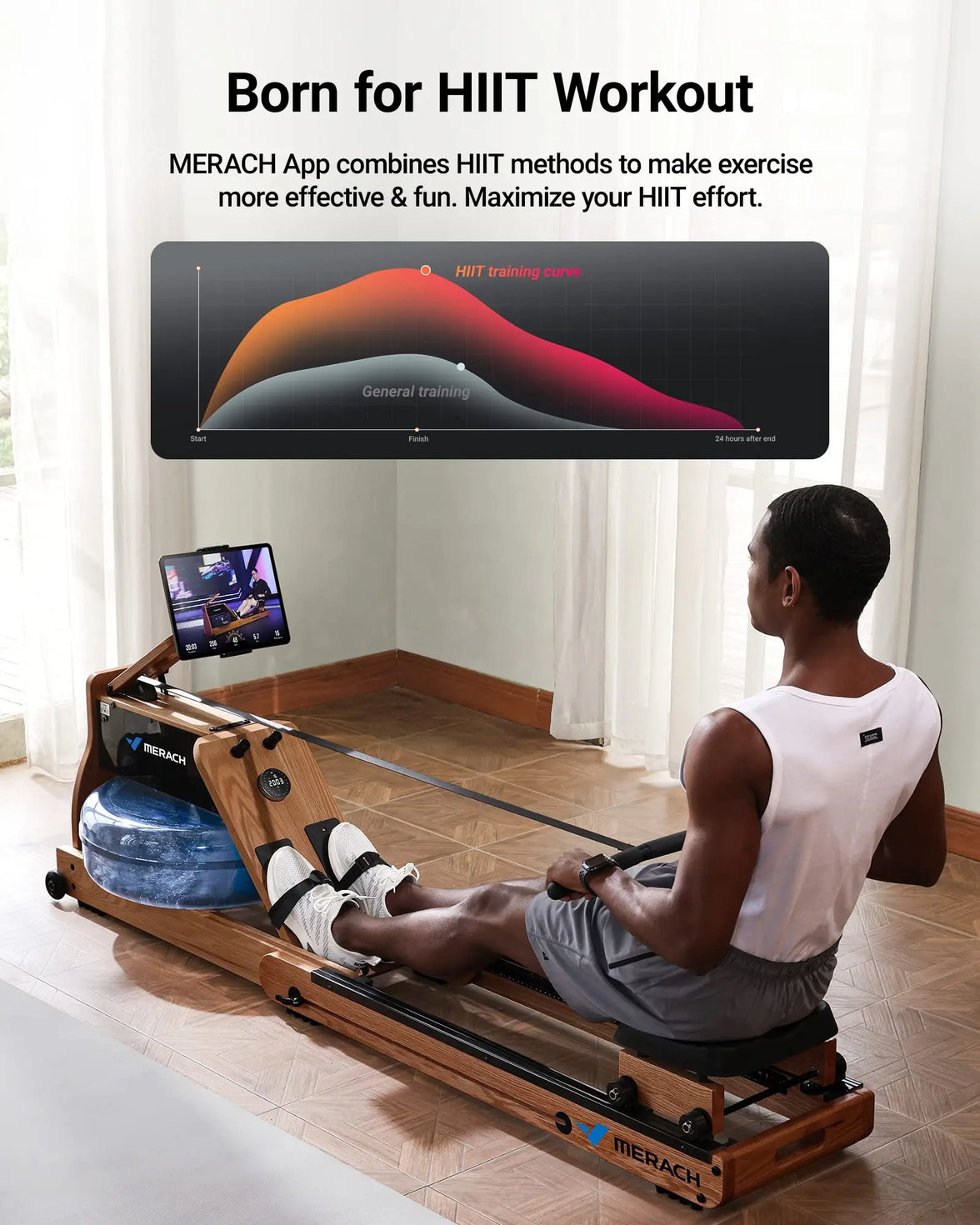 MERACH 950 Water Electromagnetic Rowing Machine – Foldable, LCD Display, Oak Wood Frame, Maximum 350 lbs Capacity