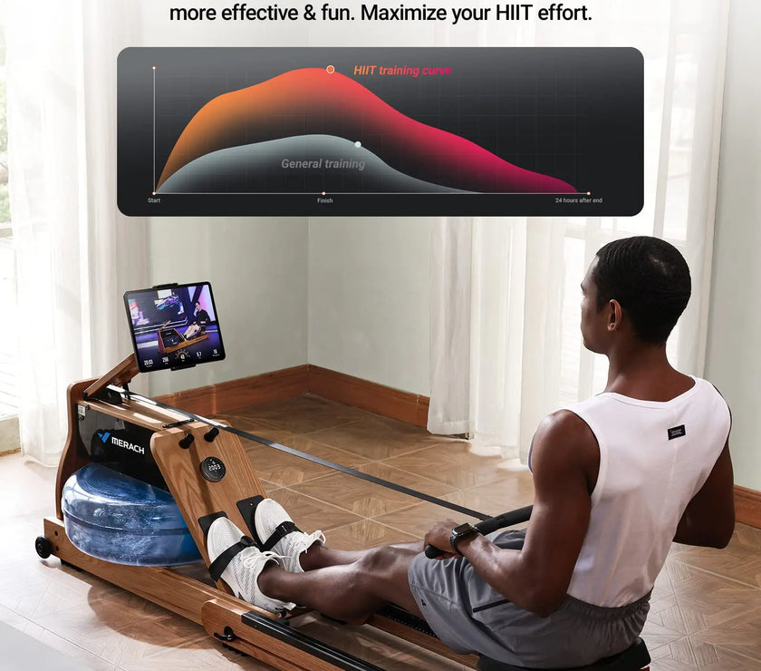 MERACH 950 Water Electromagnetic Rowing Machine – Foldable, LCD Display, Oak Wood Frame, Maximum 350 lbs Capacity