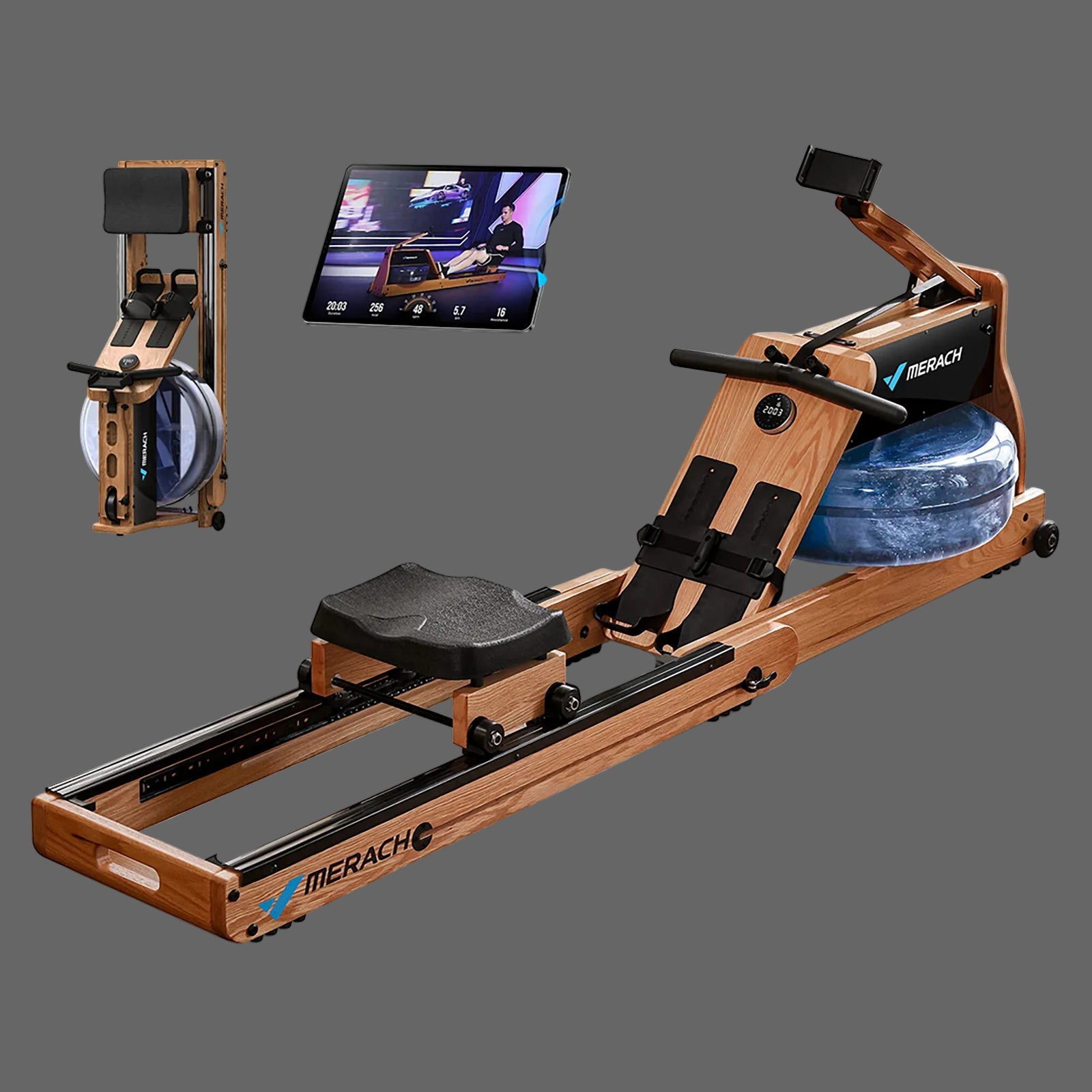 MERACH rowing machine with oak wood frame, foldable design, and LCD display, featuring a water electromagnetic resistance mechanism.