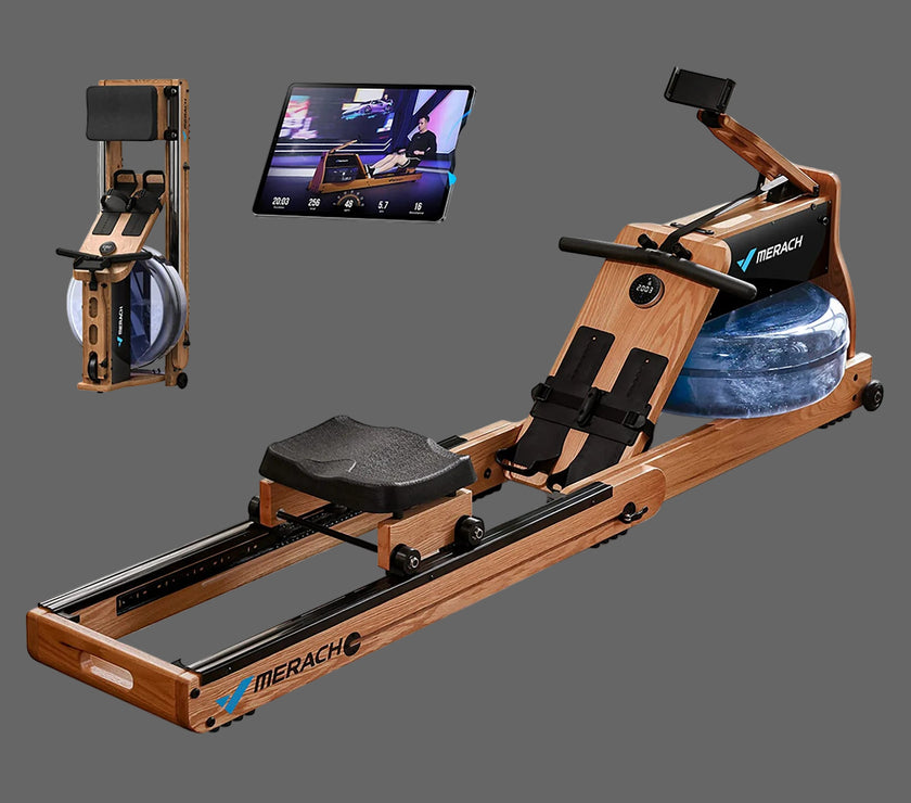MERACH rowing machine with oak wood frame, foldable design, and LCD display, featuring a water electromagnetic resistance mechanism.