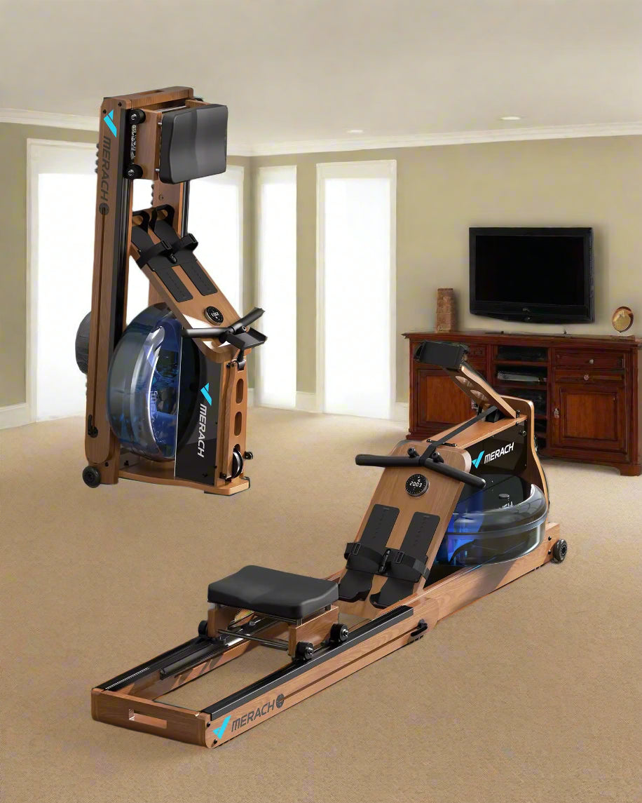 MERACH rowing machine with oak wood frame, foldable design, and LCD display, featuring a water electromagnetic resistance mechanism.