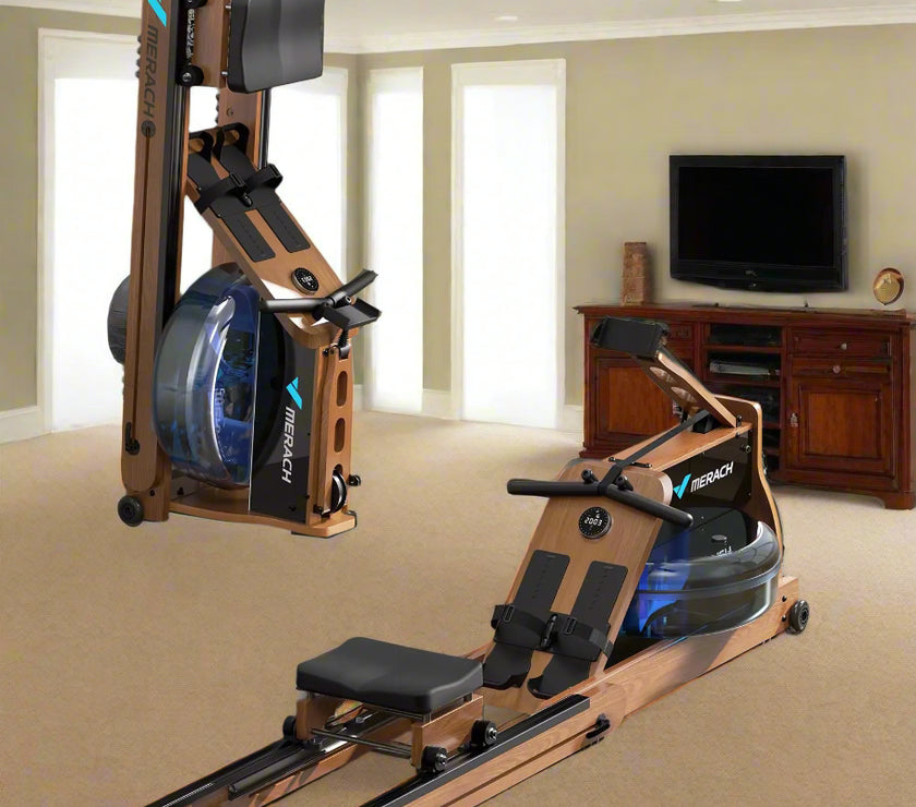 MERACH rowing machine with oak wood frame, foldable design, and LCD display, featuring a water electromagnetic resistance mechanism.