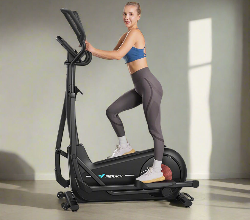 A woman is using a black MERACH alloy steel elliptical trainer with adjustable stride length and resistance levels. The product is displayed with a 'Big Save' tag and an invitation to add to cart.
