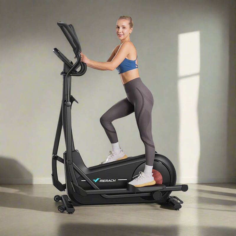 A woman is using a black MERACH alloy steel elliptical trainer with adjustable stride length and resistance levels. The product is displayed with a 'Big Save' tag and an invitation to add to cart.