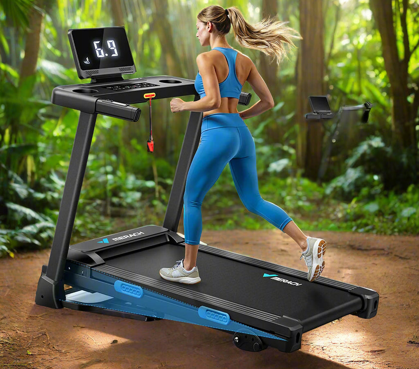 A woman is running on a black electric treadmill with a blue and gray frame, which is foldable and has Bluetooth connectivity. The treadmill has a display showing heart rate data and an app icon, emphasizing its smart fitness features.