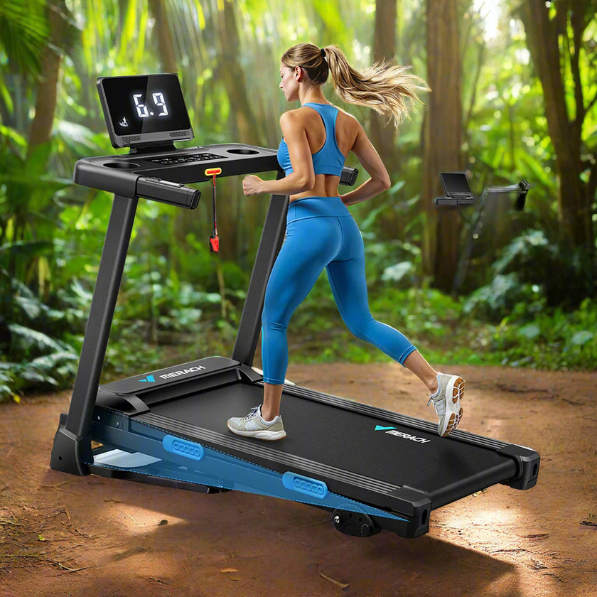A woman is running on a black electric treadmill with a blue and gray frame, which is foldable and has Bluetooth connectivity. The treadmill has a display showing heart rate data and an app icon, emphasizing its smart fitness features.