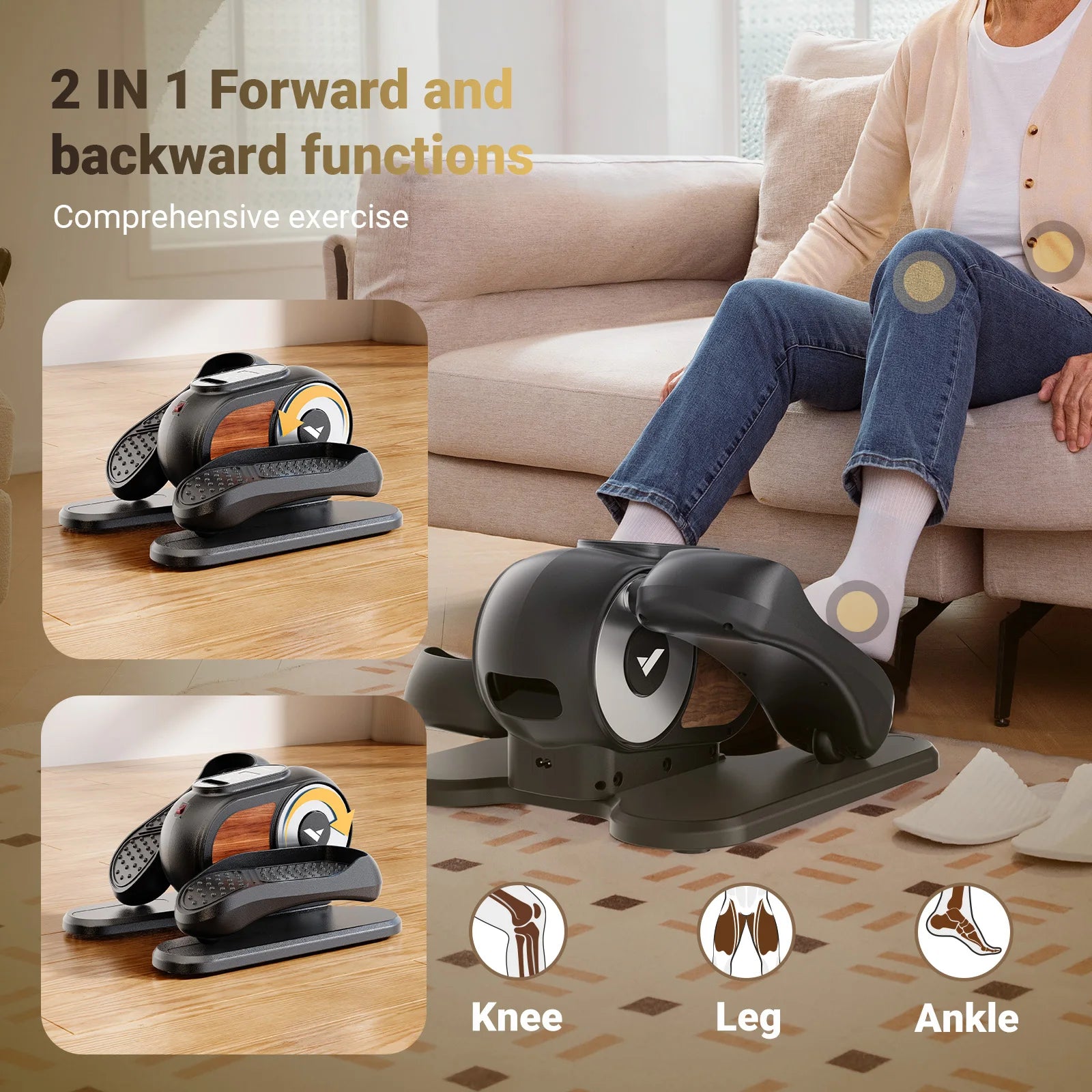 Home exercise device with text highlighting functions and benefits, used by a person on a couch.
