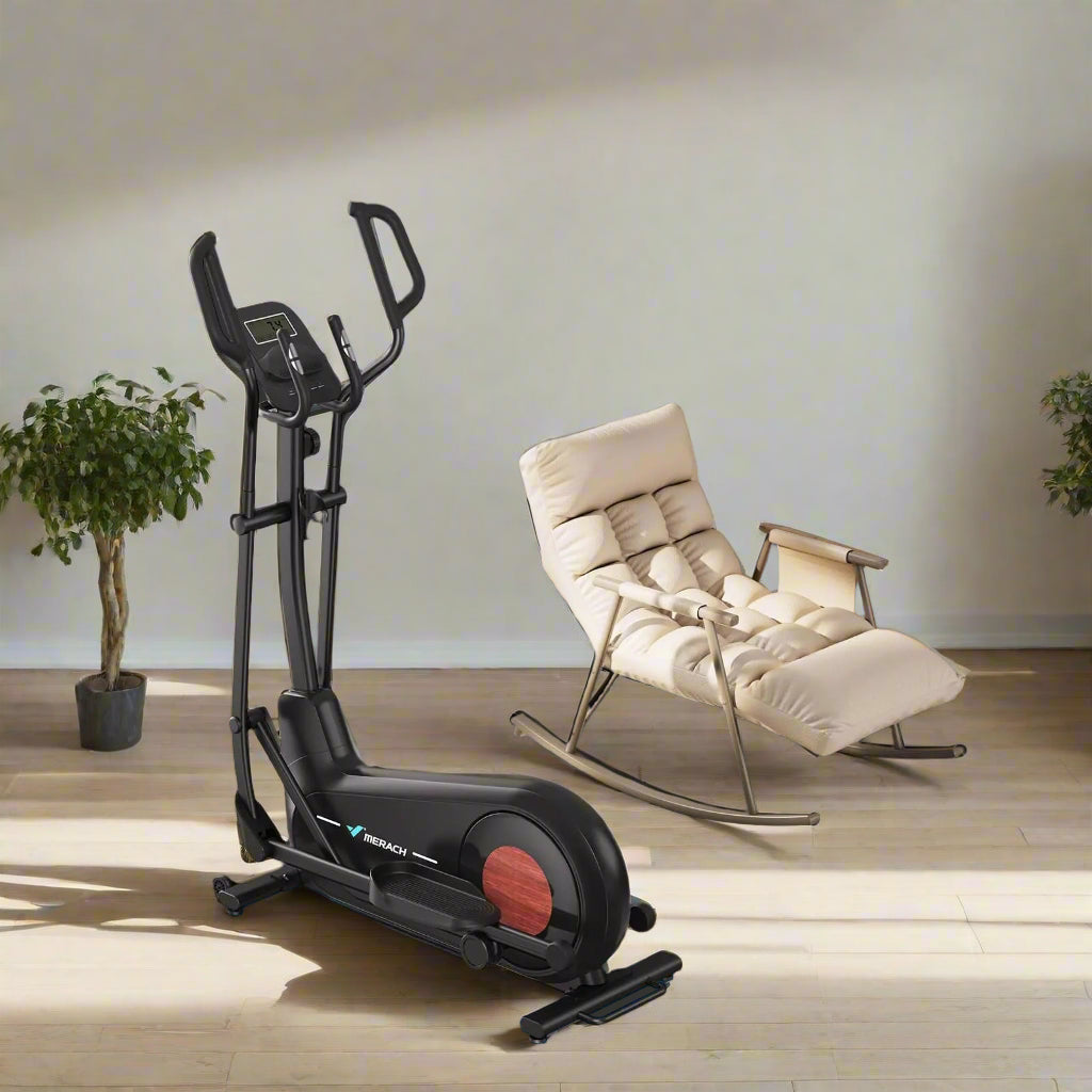 A woman is using a black MERACH alloy steel elliptical trainer with adjustable stride length and resistance levels. The product is displayed with a 'Big Save' tag and an invitation to add to cart.