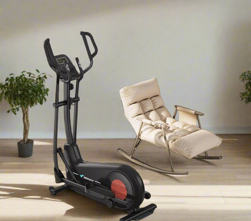 A woman is using a black MERACH alloy steel elliptical trainer with adjustable stride length and resistance levels. The product is displayed with a 'Big Save' tag and an invitation to add to cart.