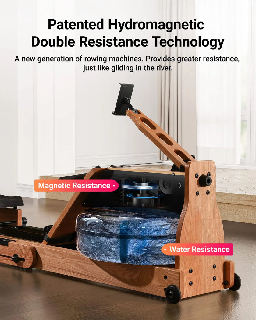MERACH 950 Water Electromagnetic Rowing Machine – Foldable, LCD Display, Oak Wood Frame, Maximum 350 lbs Capacity