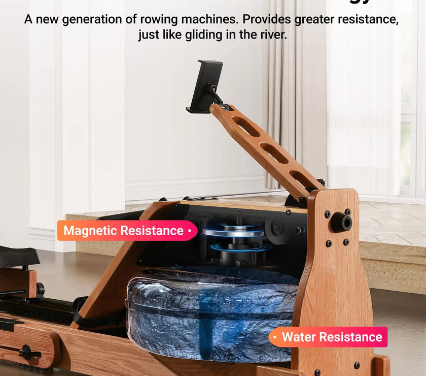 MERACH 950 Water Electromagnetic Rowing Machine – Foldable, LCD Display, Oak Wood Frame, Maximum 350 lbs Capacity