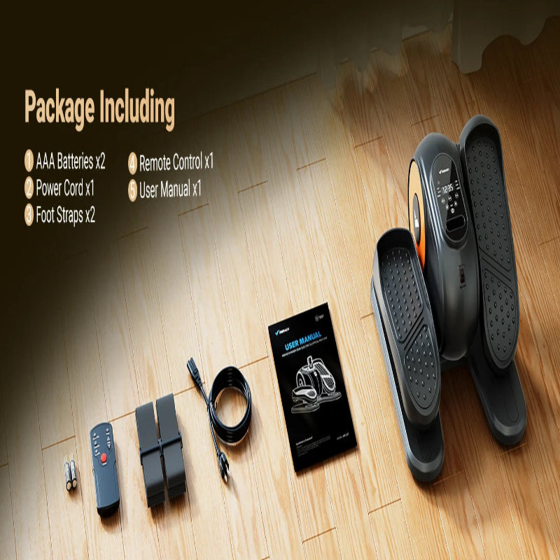 Package including step machine, remote control, batteries, power cord, and user manual on a wooden floor.