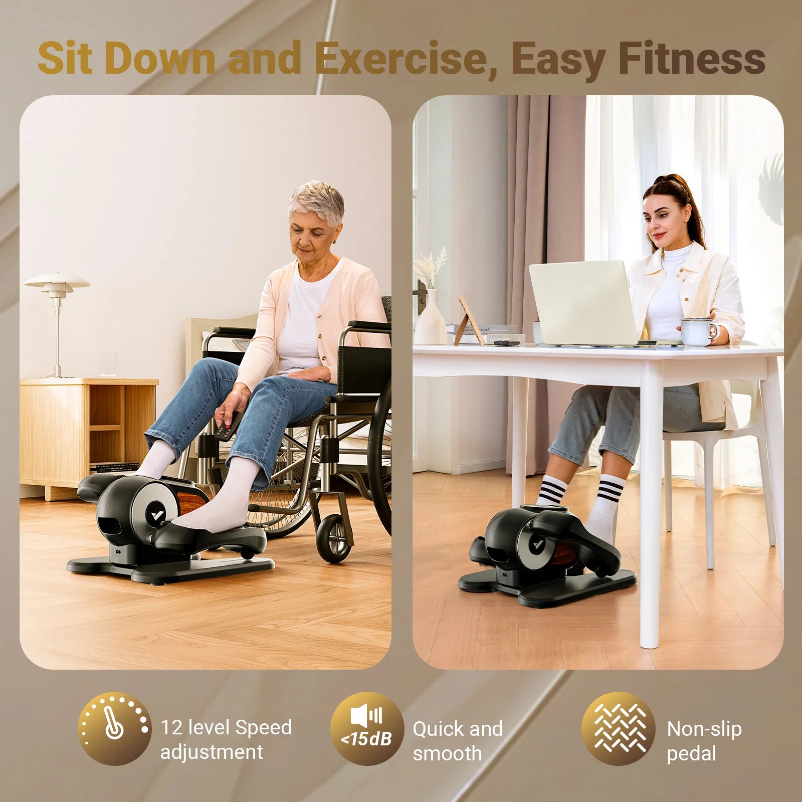 Two people using exercise bikes in home settings with product features highlighted.